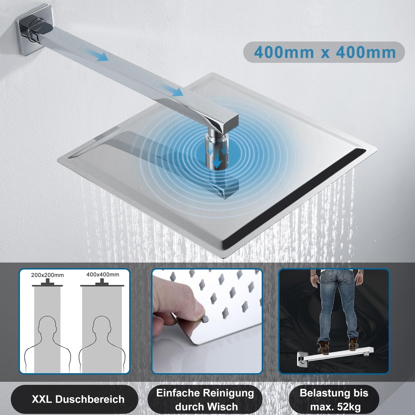 JOHO pflegeleichte Kopfbrause 30cm/40cm Regendusche mit Bombenfester Brausearm Wandarm 37cm, Duschkopf aus 304 Edelstahl
