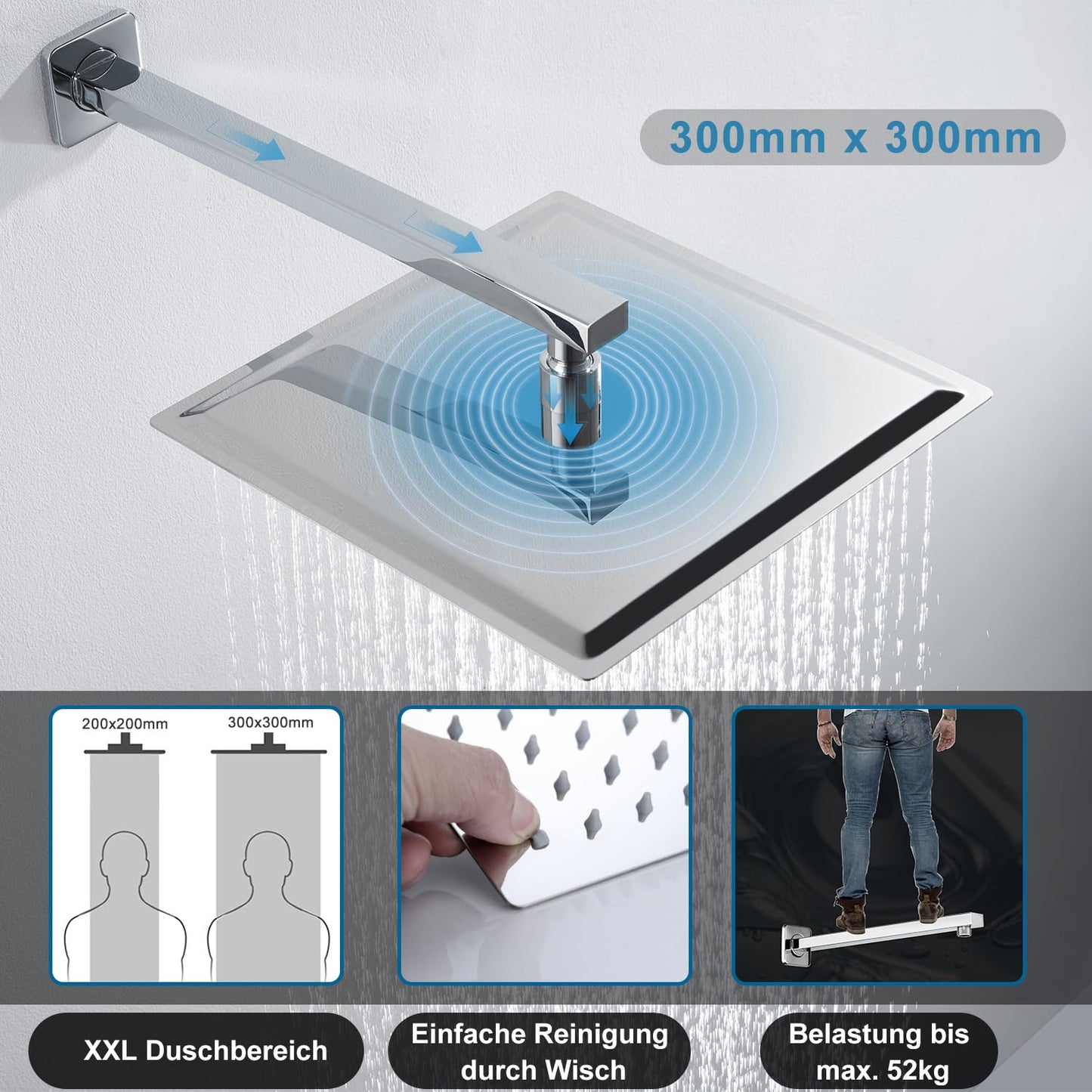 JOHO pflegeleichte Kopfbrause 30cm/40cm Regendusche mit Bombenfester Brausearm Wandarm 37cm, Duschkopf aus 304 Edelstahl