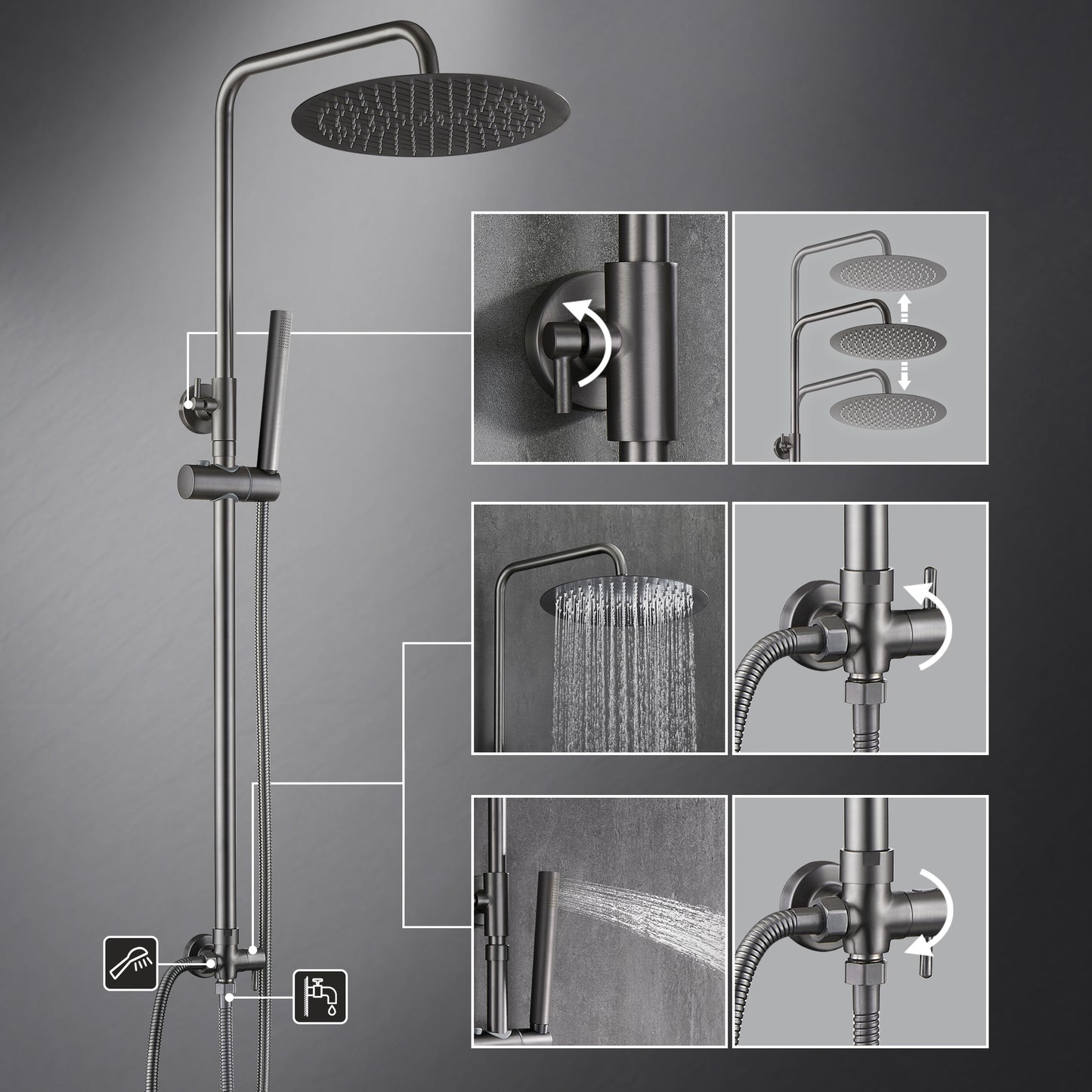 JOHO Edelstahl Duschset ohne Armatur, Regendusche Duschsystem mit Duschkopf, Duschstange, Duschschlauch, Rond Kopfbrause Gunmetal Grau