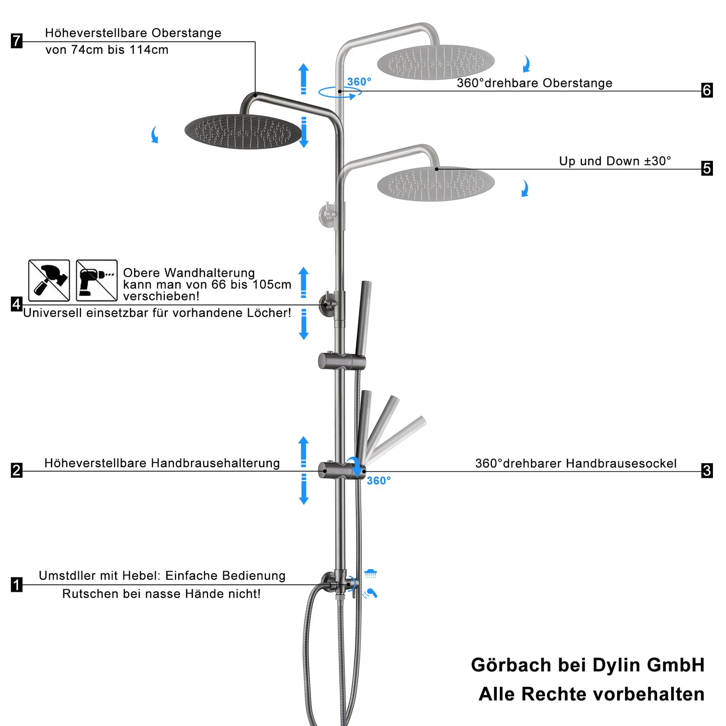 JOHO Edelstahl Duschset ohne Armatur, Regendusche Duschsystem mit Duschkopf, Duschstange, Duschschlauch, Rond Kopfbrause Gunmetal Grau