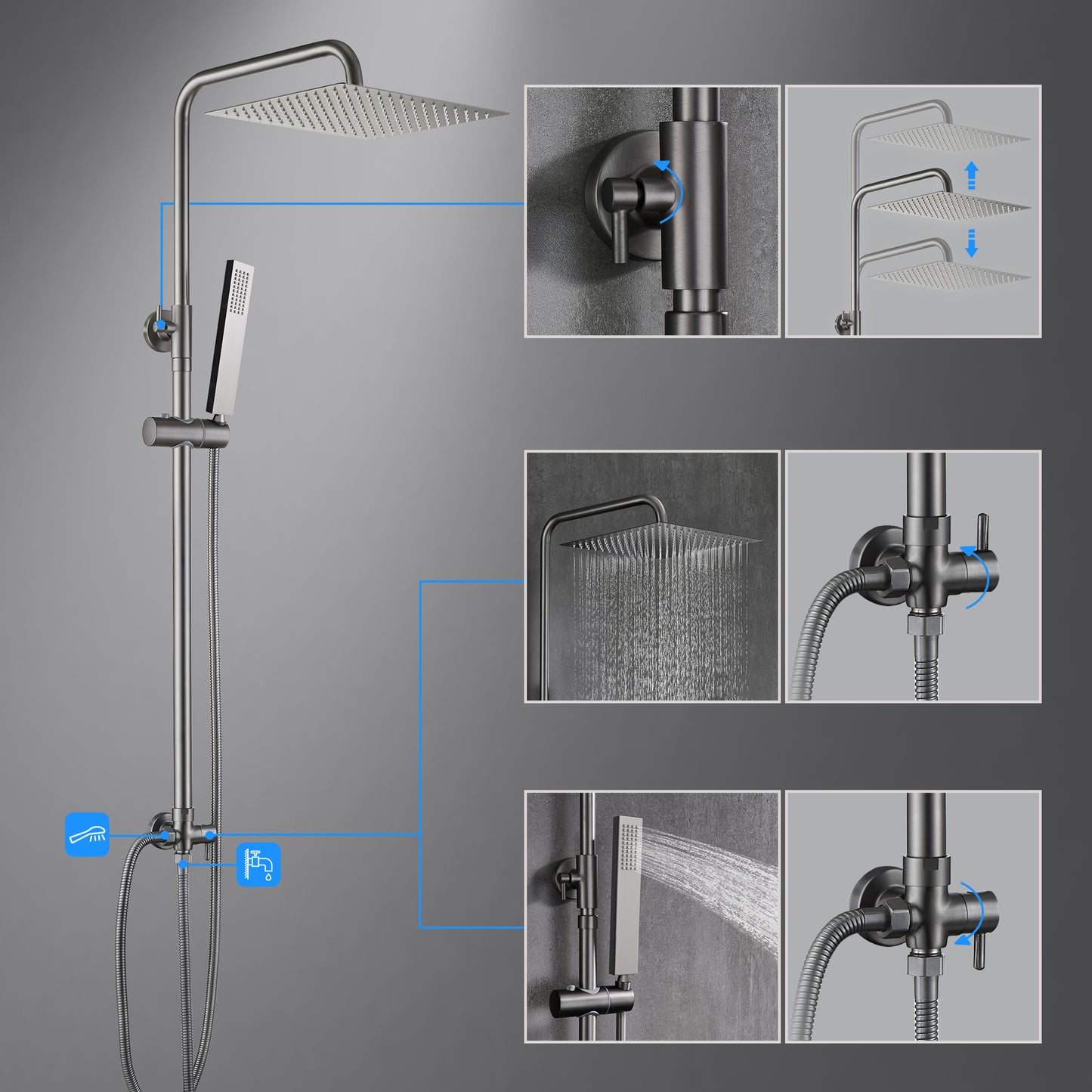 JOHO Edelstahl Duschset ohne Armatur, Regendusche Duschsystem mit Duschkopf, Duschstange, Duschschlauch, Eckig Kopfbrause Gunmetal Grau