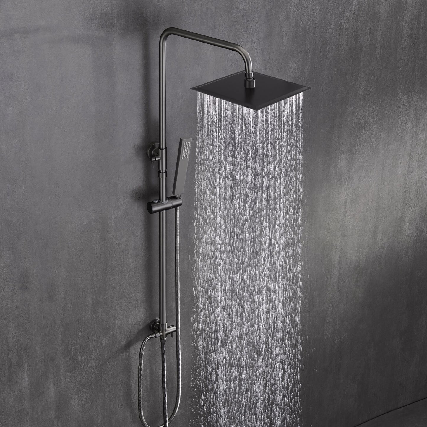 JOHO Edelstahl Duschset ohne Armatur, Regendusche Duschsystem mit Duschkopf, Duschstange, Duschschlauch, Eckig Kopfbrause Gunmetal Grau