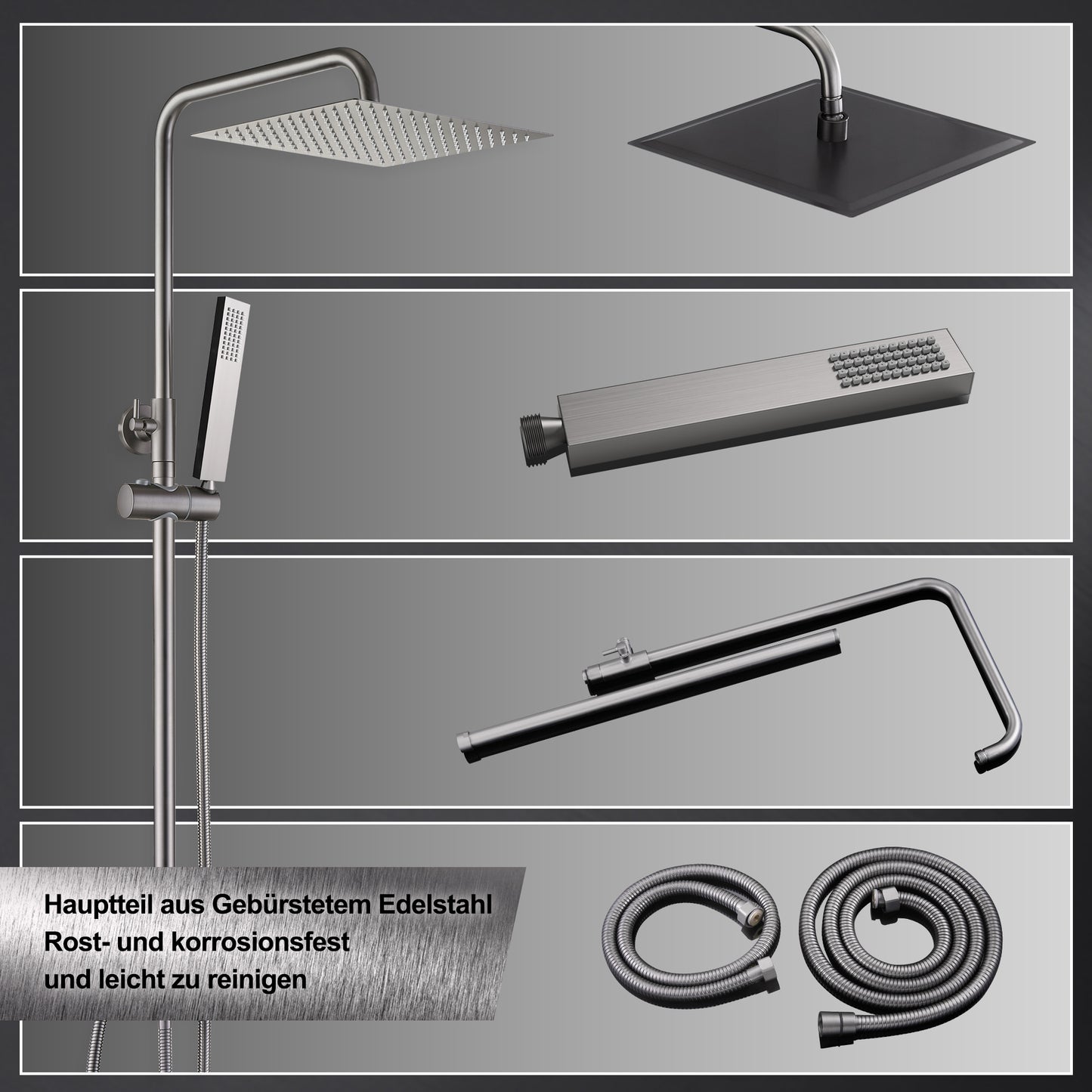 JOHO Edelstahl Duschset ohne Armatur, Regendusche Duschsystem mit Duschkopf, Duschstange, Duschschlauch, Eckig Kopfbrause Gunmetal Grau