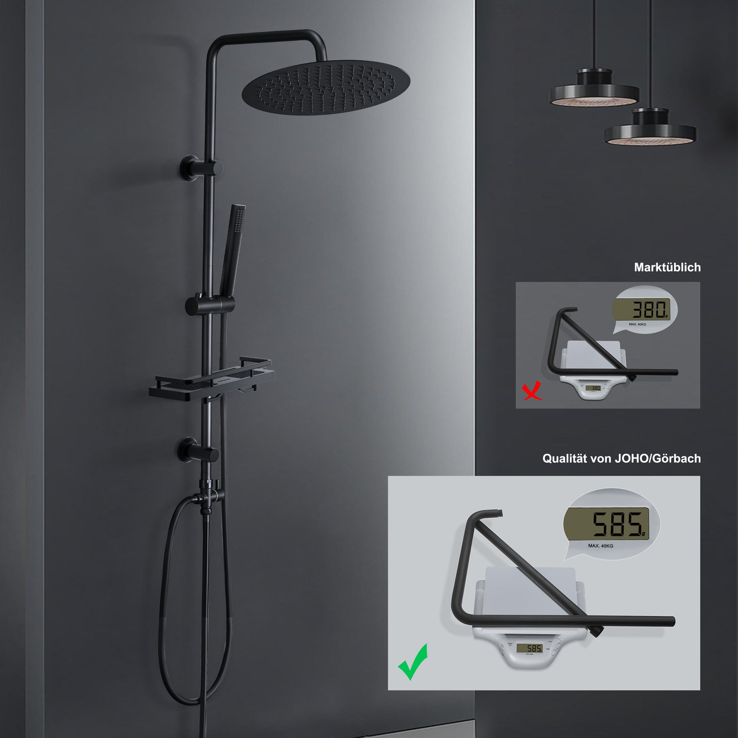 JOHO Regendusche Duschsystem 92 CM mit Ablage Kopfbrause Rund Schwarz