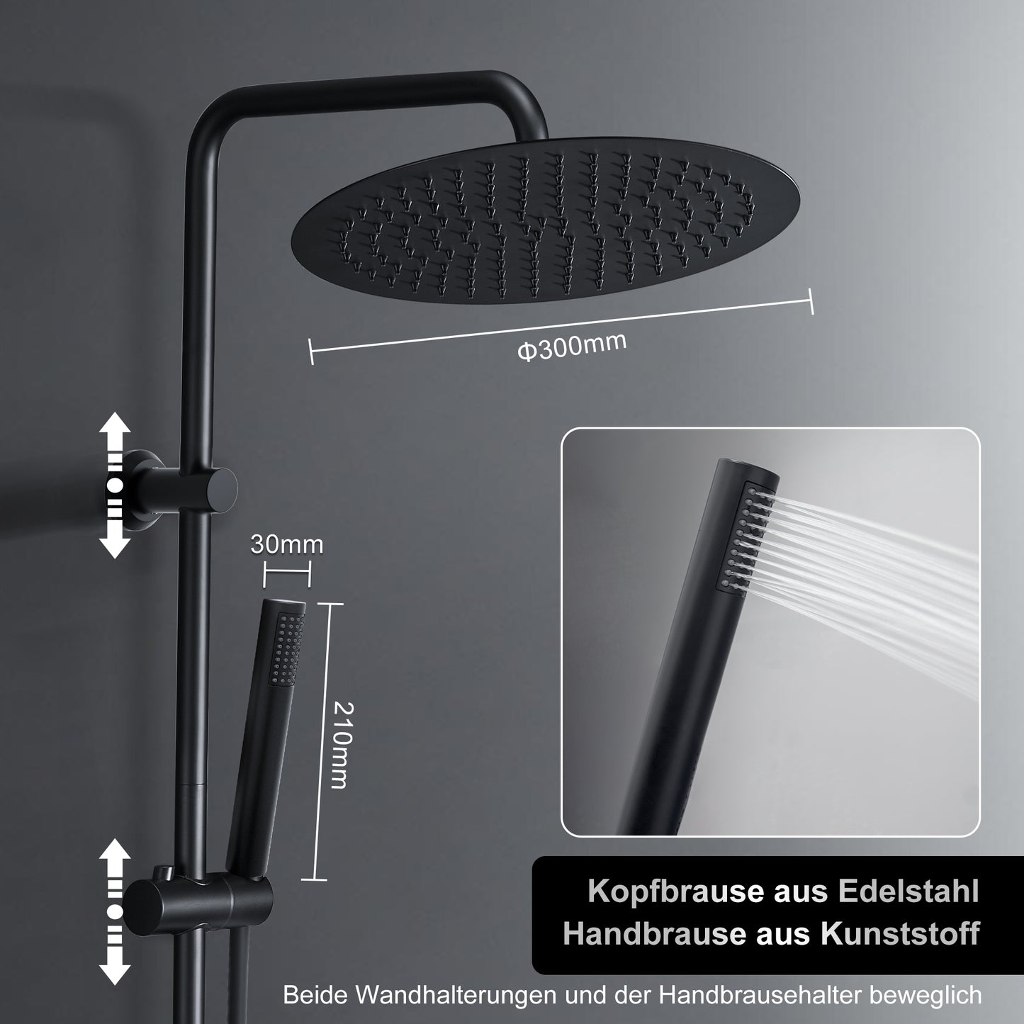 JOHO Regendusche Duschsystem 92 CM mit Ablage Kopfbrause Rund Schwarz