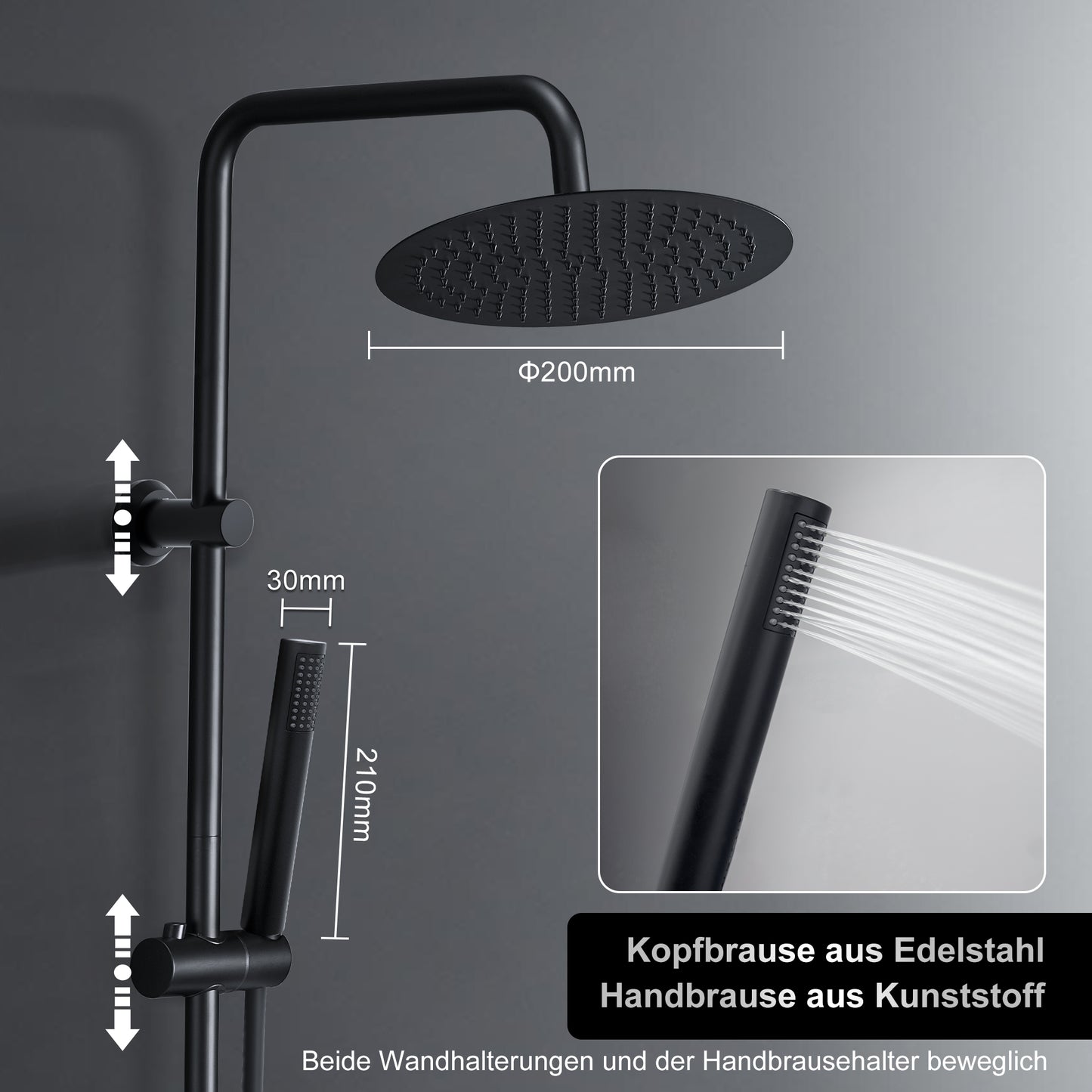 JOHO Regendusche Duschsystem 92 CM mit Ablage Kopfbrause Rund Schwarz