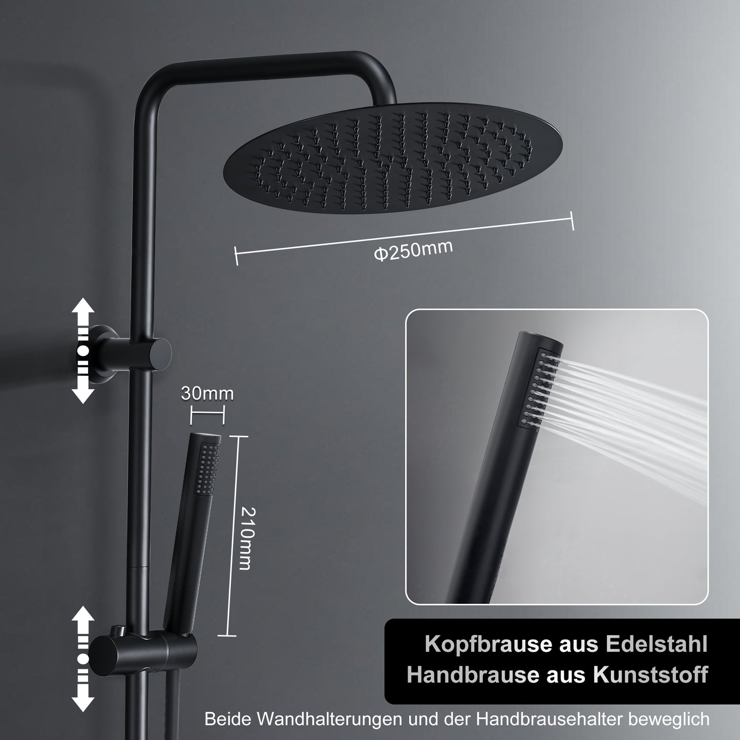 JOHO Regendusche Duschsystem 92 CM mit Ablage Kopfbrause Rund Schwarz