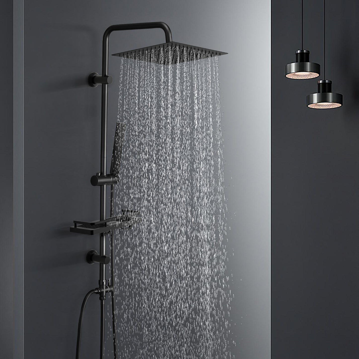 JOHO Regendusche Duschsystem 92 CM mit Ablage Kopfbrause eckig Schwarz