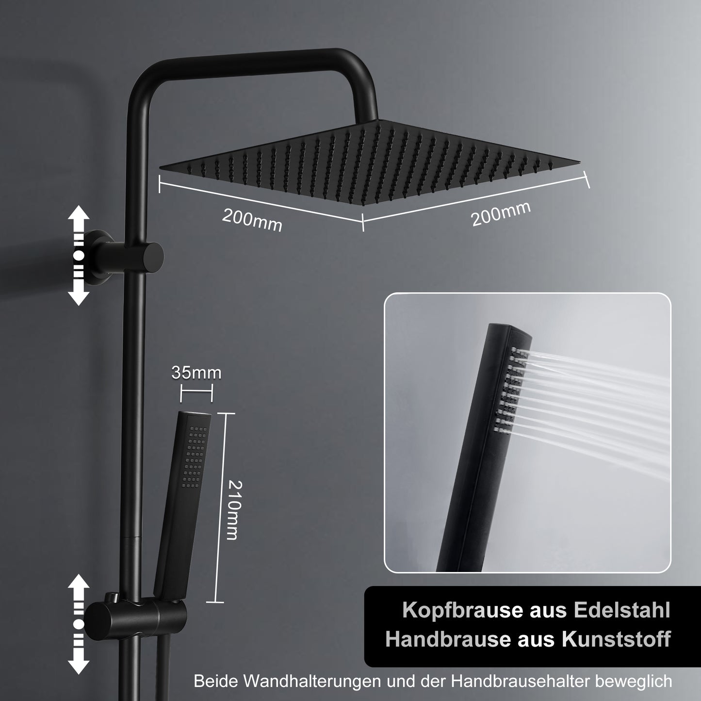 JOHO Regendusche Duschsystem 92 CM mit Ablage Kopfbrause eckig Schwarz