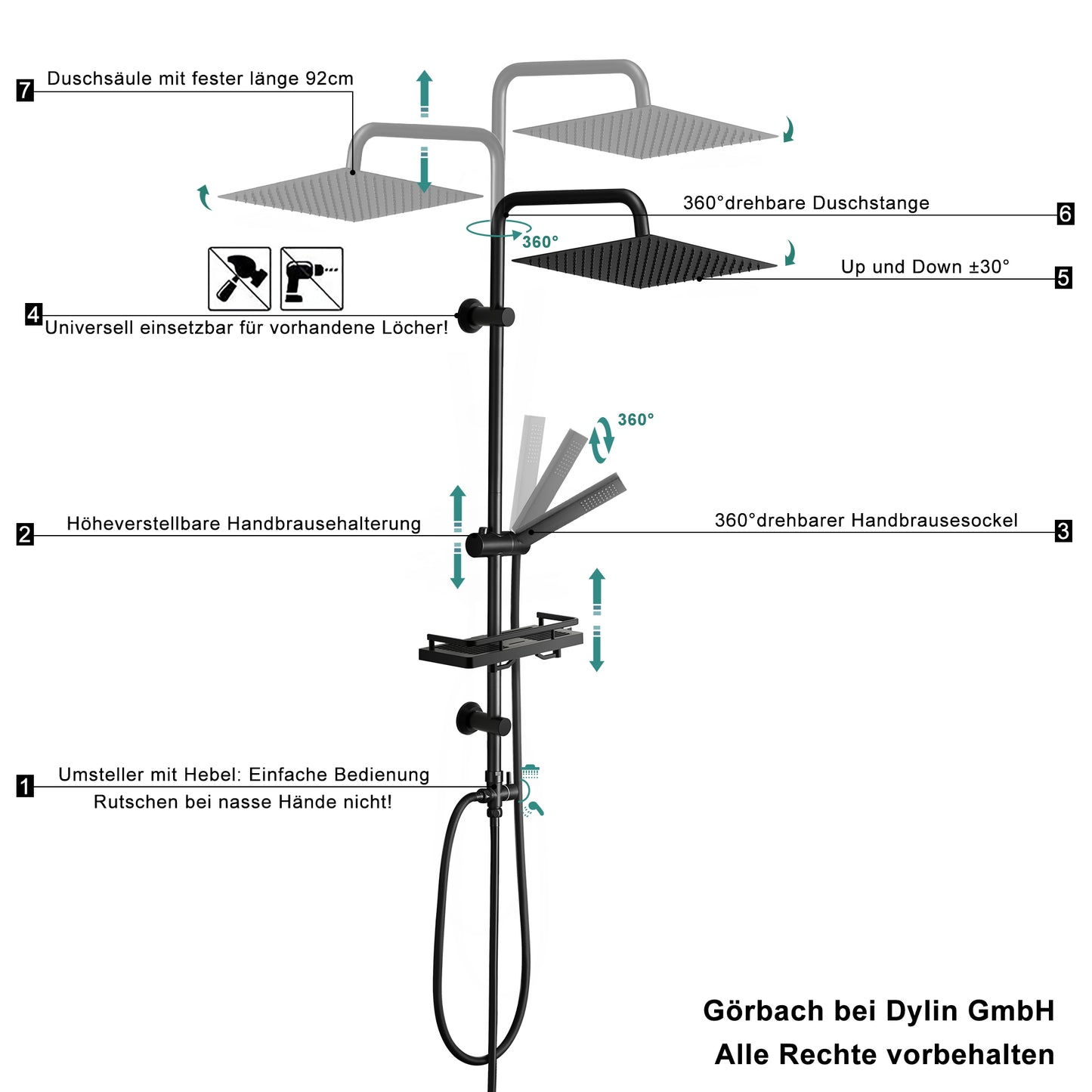 JOHO Regendusche Duschsystem 92 CM mit Ablage Kopfbrause eckig Schwarz