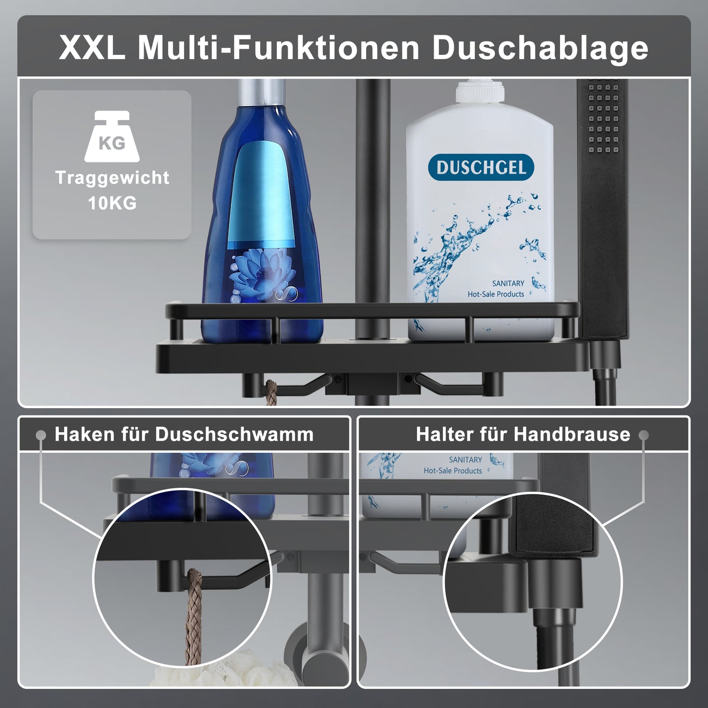 JOHO Regendusche Duschsystem 92 CM mit Ablage Kopfbrause rechteckig Schwarz 35x25 CM