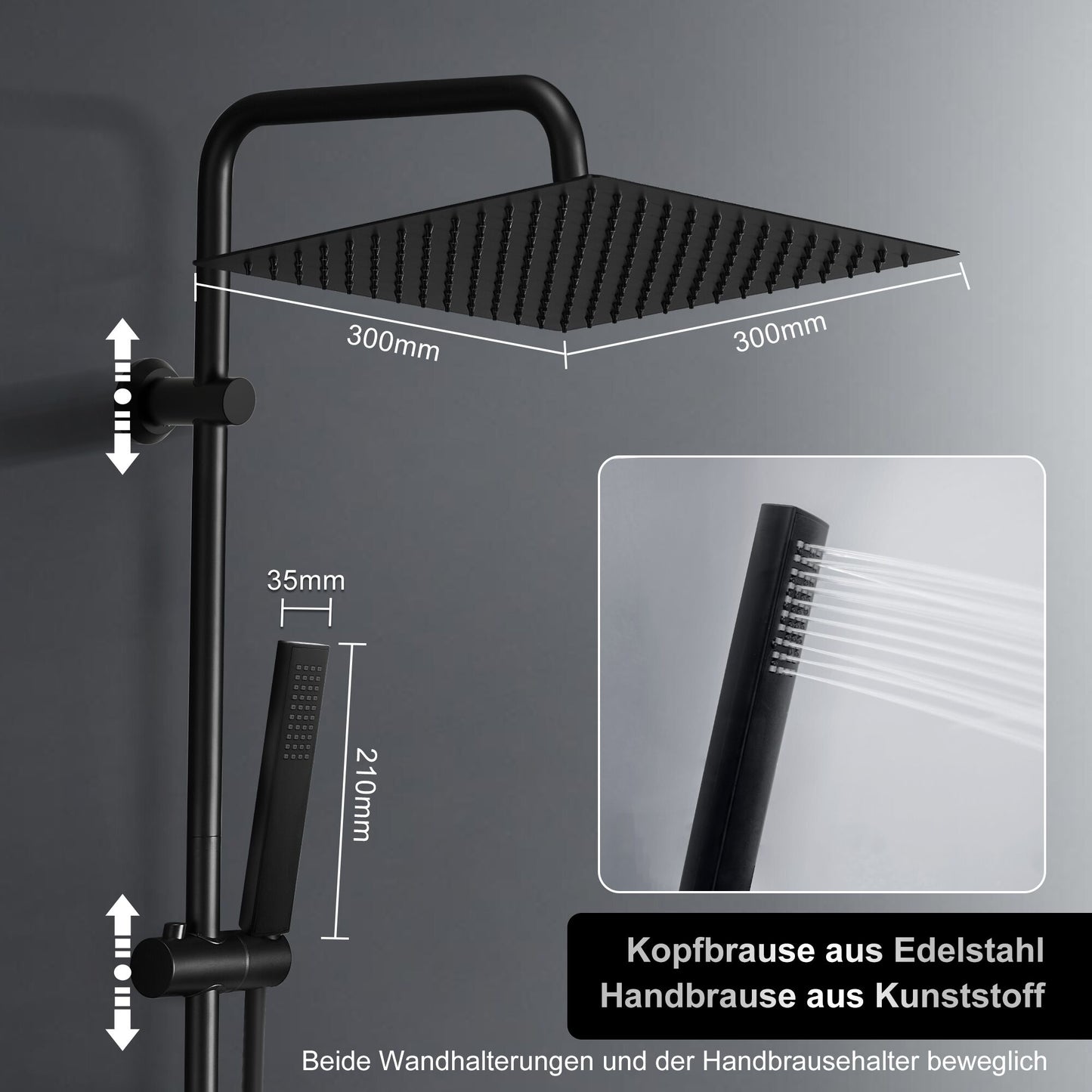 JOHO Regendusche Duschsystem 92 CM mit Ablage Kopfbrause eckig Schwarz