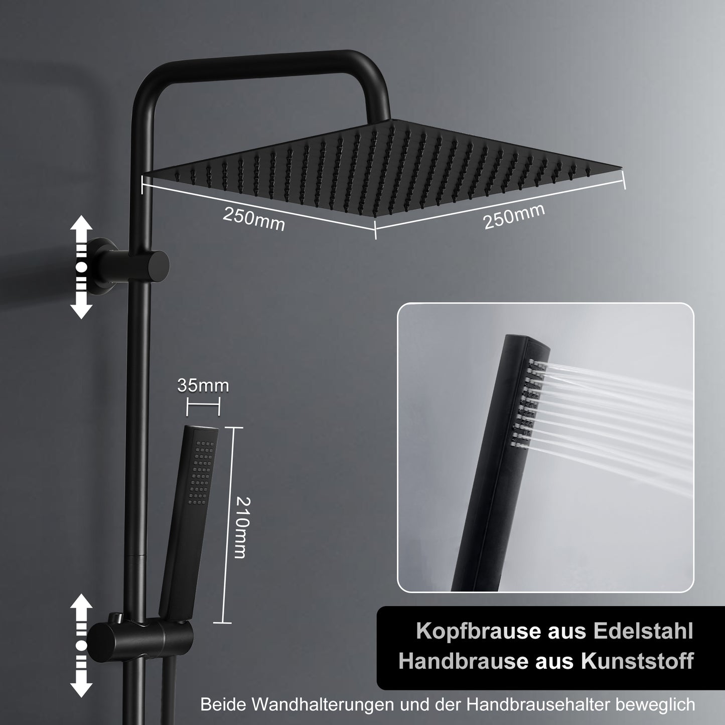 JOHO Regendusche Duschsystem 92 CM mit Ablage Kopfbrause eckig Schwarz