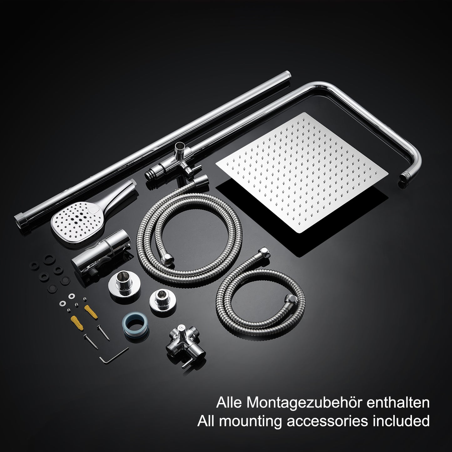 JOHO 304 Edelstahl Regendusche Duschsystem Massagedusche mit eckige Kopfbrause Chrom