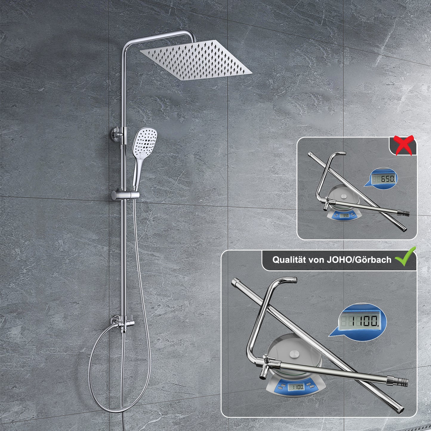 JOHO 304 Edelstahl Regendusche Duschsystem Massagedusche mit eckige Kopfbrause Chrom