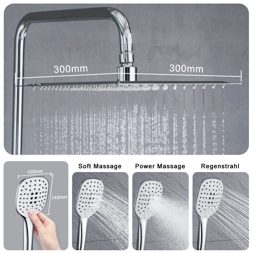 JOHO 304 Edelstahl Regendusche Duschsystem Massagedusche mit eckige Kopfbrause Chrom