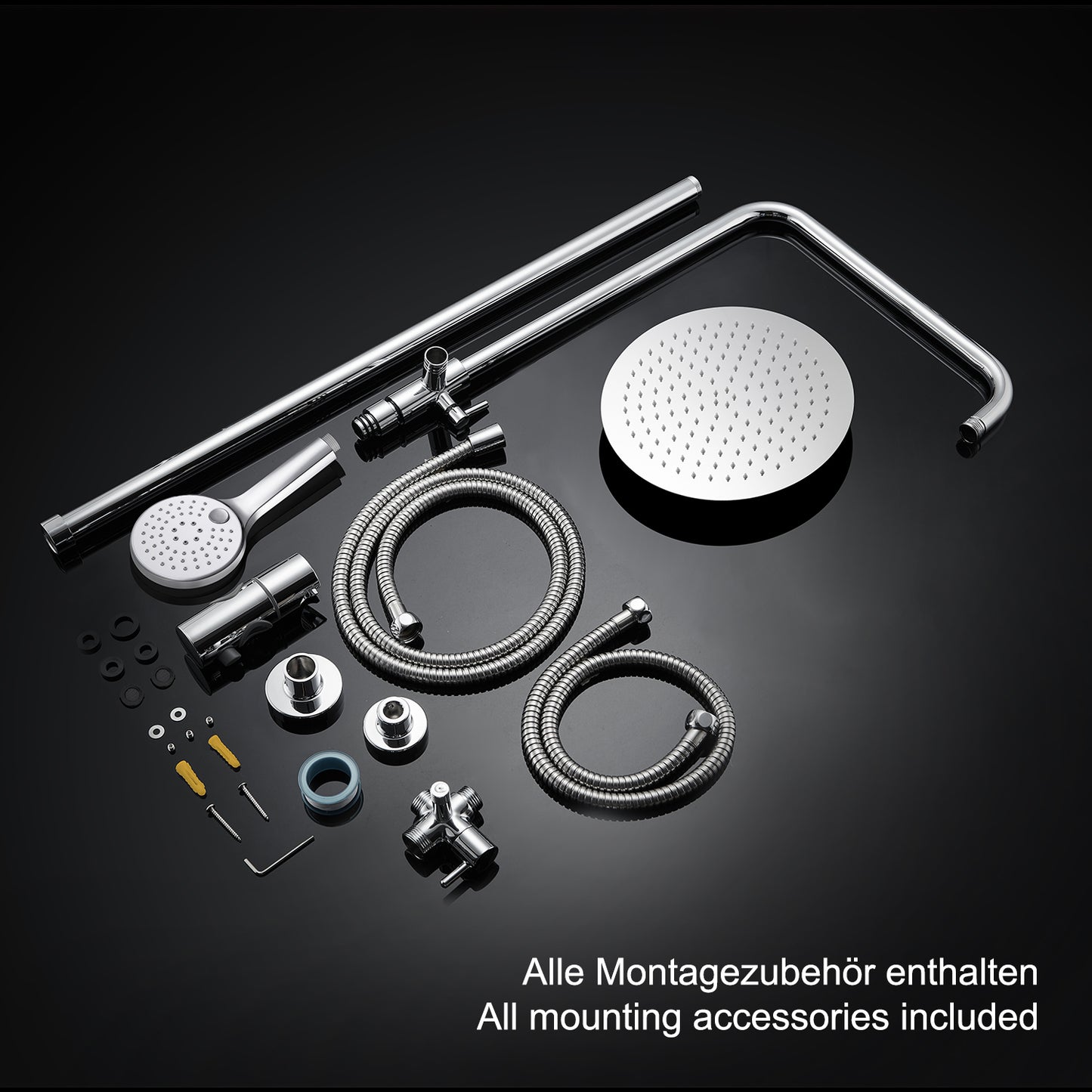 JOHO 304 Edelstahl Duscharmatur mit Multifunktions Rund Kopfbrause und Handbrause Chrom