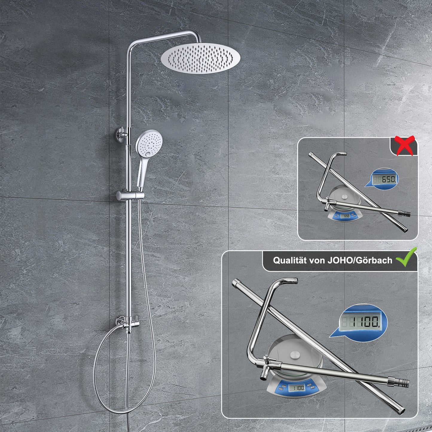 JOHO 304 Edelstahl Duscharmatur mit Multifunktions Rund Kopfbrause und Handbrause Chrom