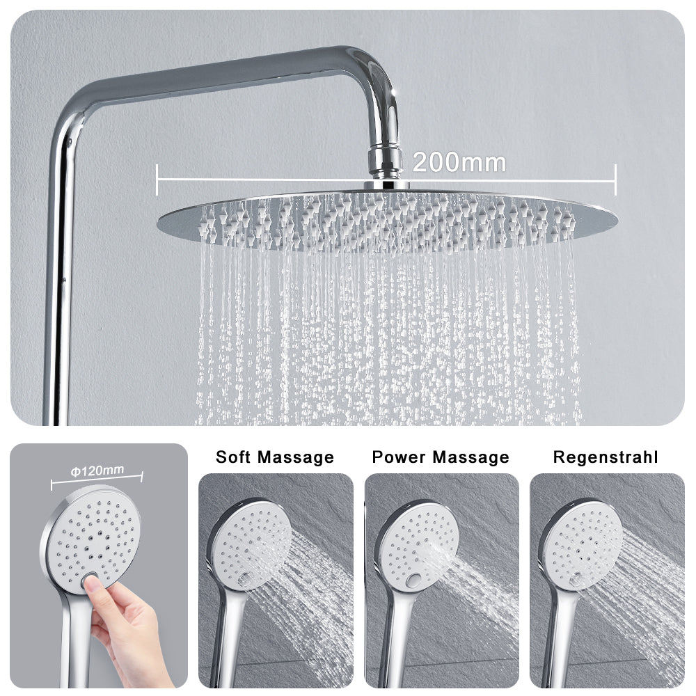 JOHO 304 Edelstahl Duscharmatur mit Multifunktions Rund Kopfbrause und Handbrause Chrom