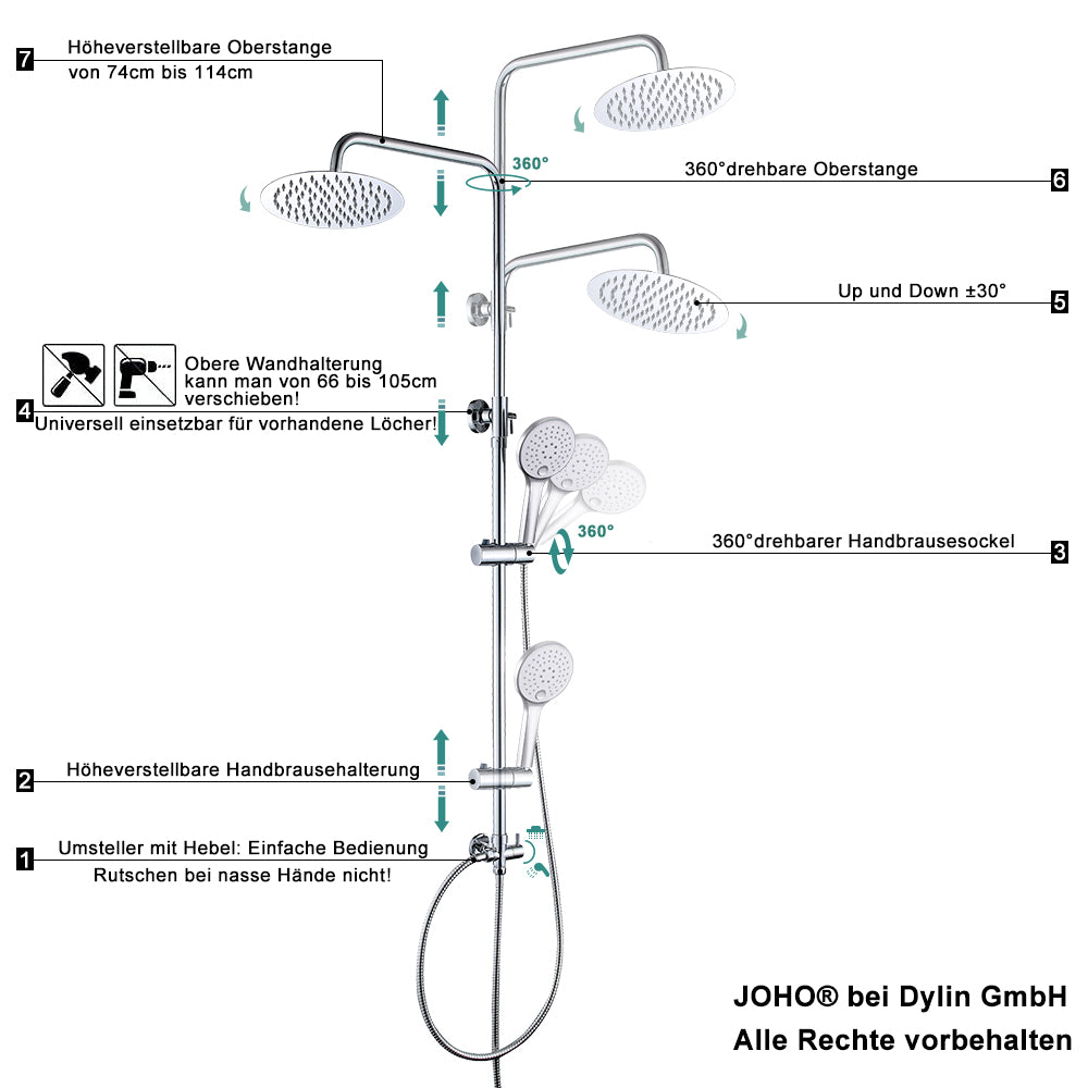 JOHO 304 Edelstahl Duscharmatur mit Multifunktions Rund Kopfbrause und Handbrause Chrom