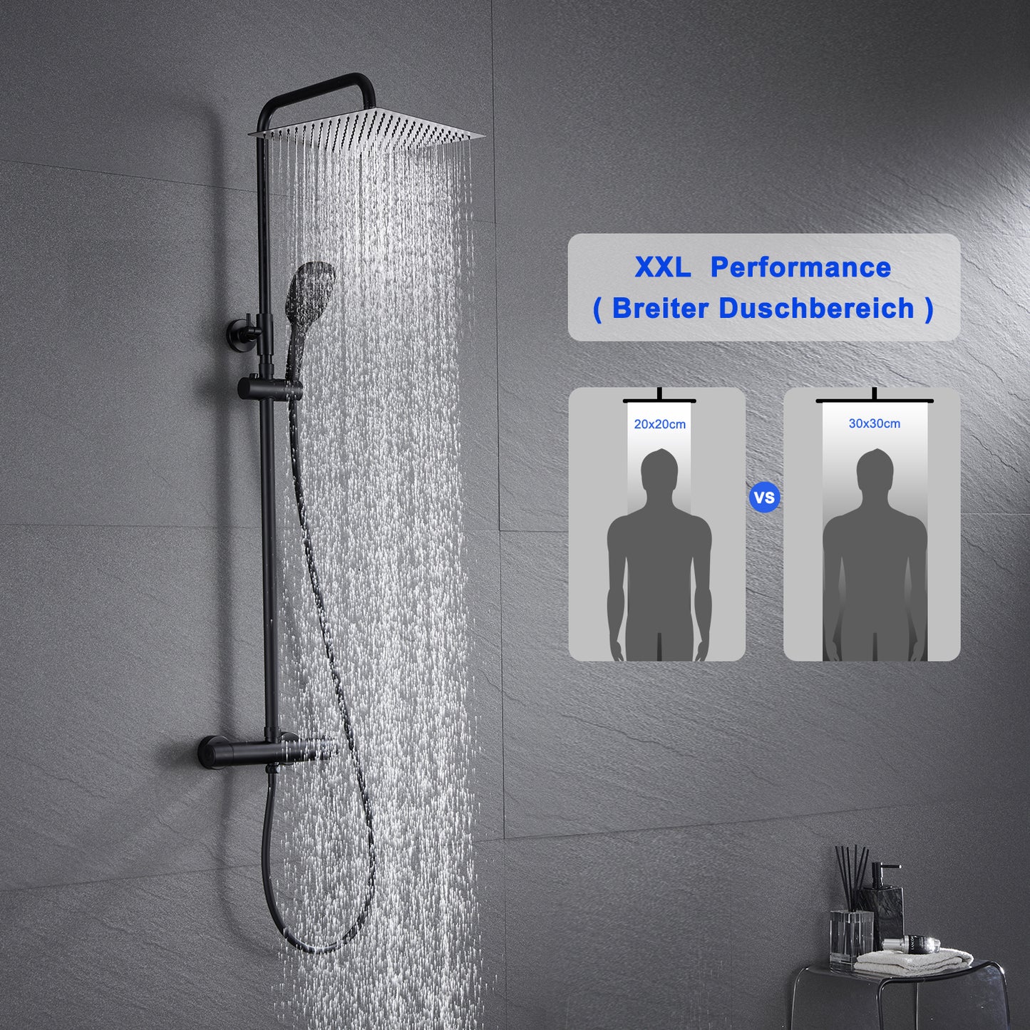 JOHO Thermostat Duschsystem aus Edelstahl, Regendusche Duschset mit Mischbatterie Duscharmatur matt schwarz