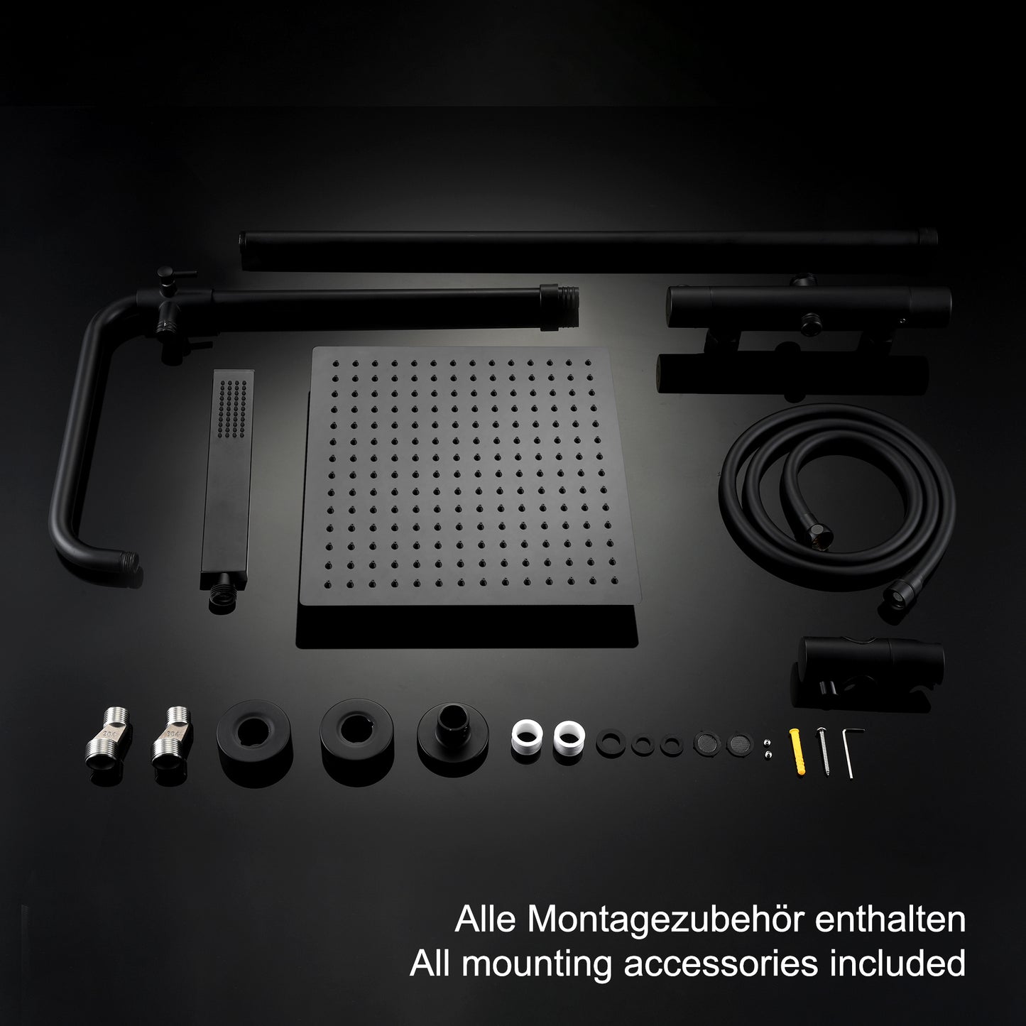 JOHO Thermostat Duschsystem Duschset mit eckig Kopfbrause matt schwarz