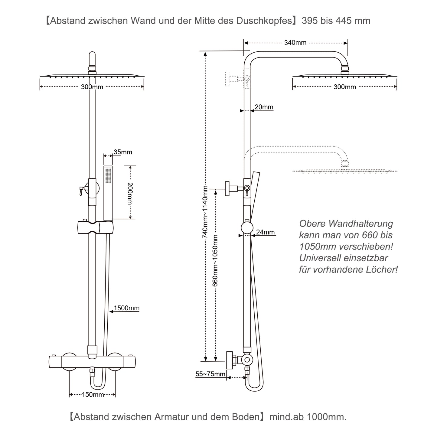 JOHO Thermostat Duschsystem Duschset mit eckig Kopfbrause matt schwarz