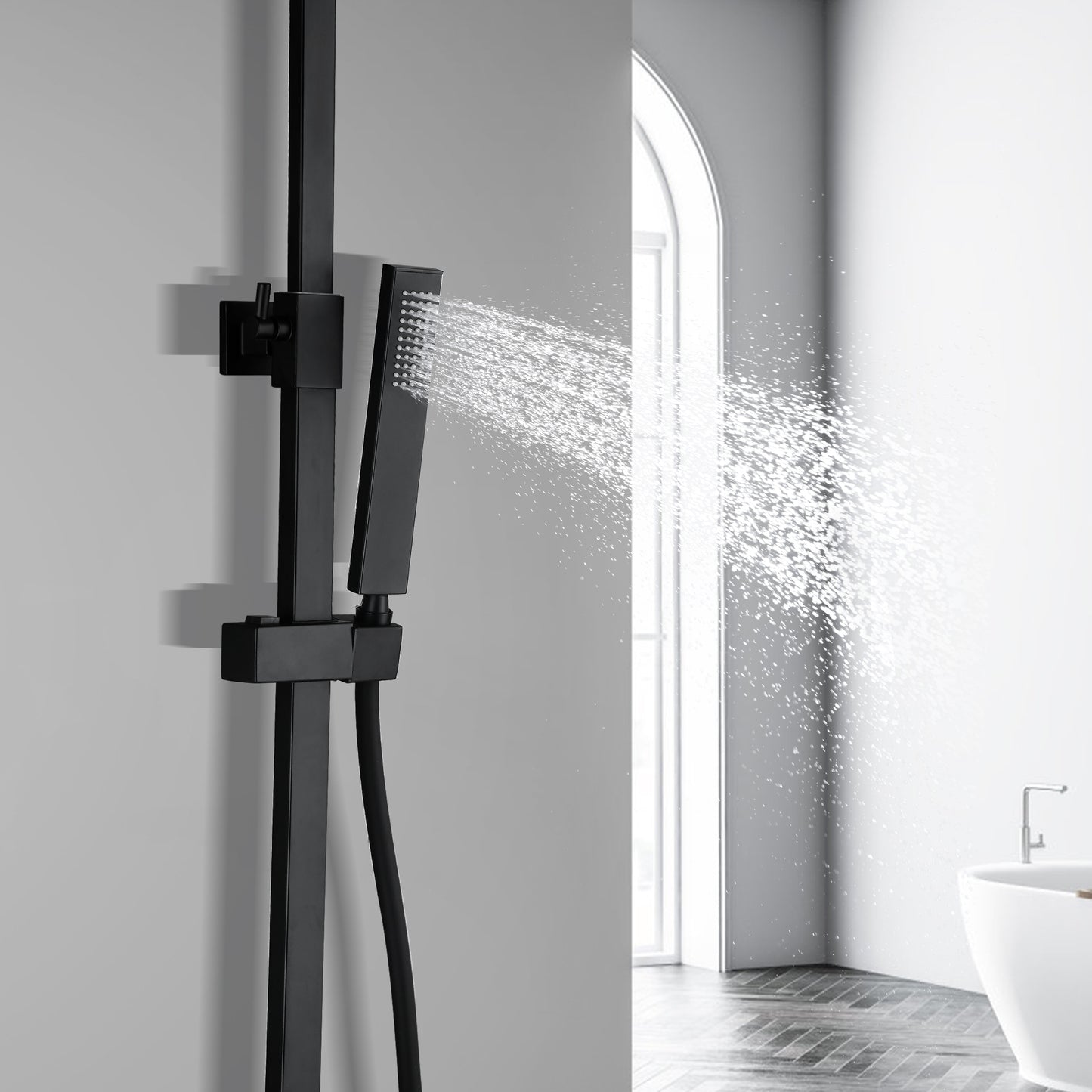 JOHO Stabhandbrause aus Edelstahl Eckig Duschkopf Wassersparend Duschbrause Brausekopf mit 1 Strahlarten Schwarz