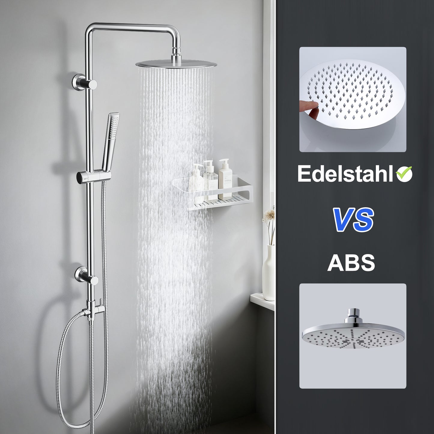 JOHO Edelstahl Duschsystem Duschset Überkopfbrauseset mit 92CM Duschstange Rund