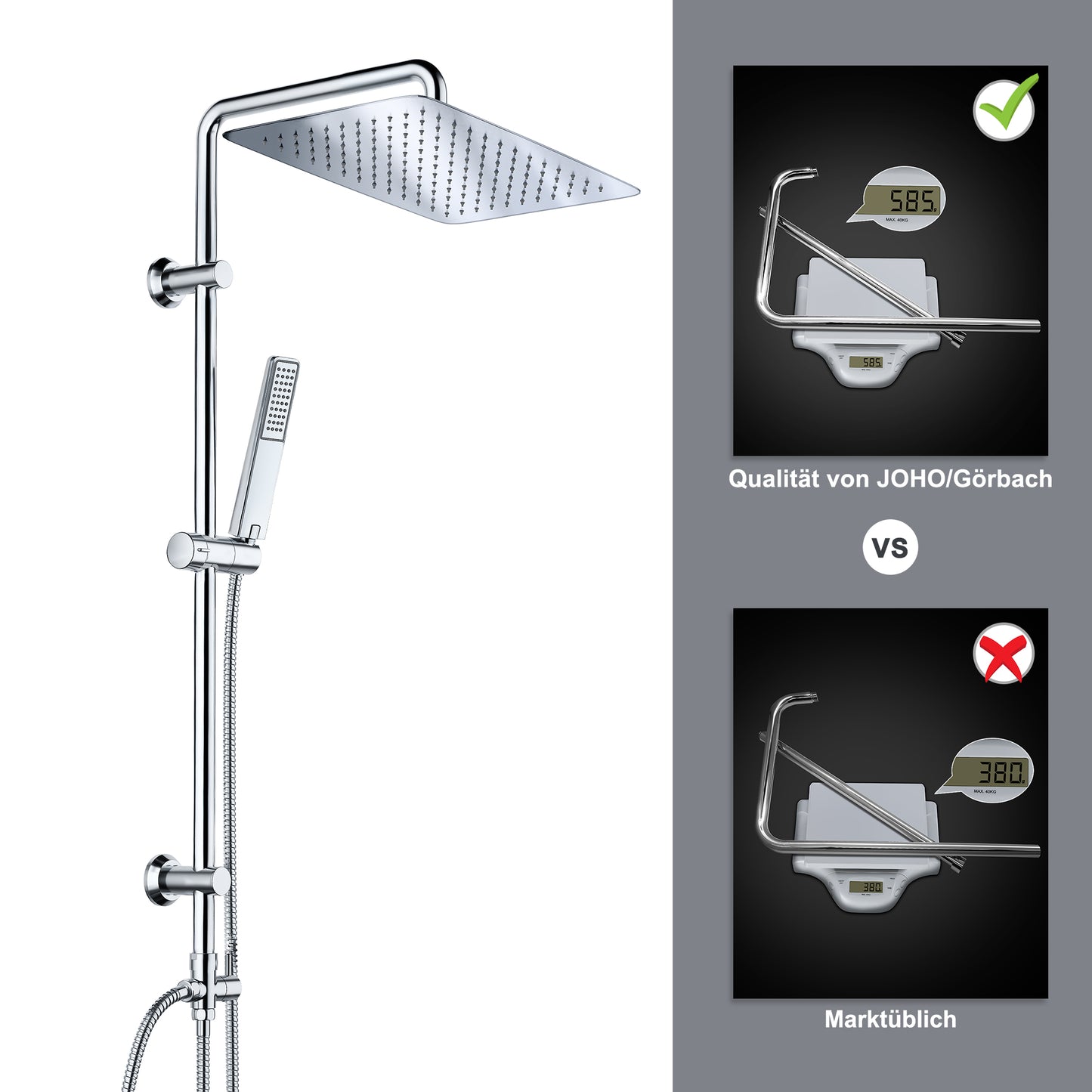 JOHO Edelstahl Duschsystem Duschset mit 92CM Duschstange Kopfbrause Eckig 35x25cm