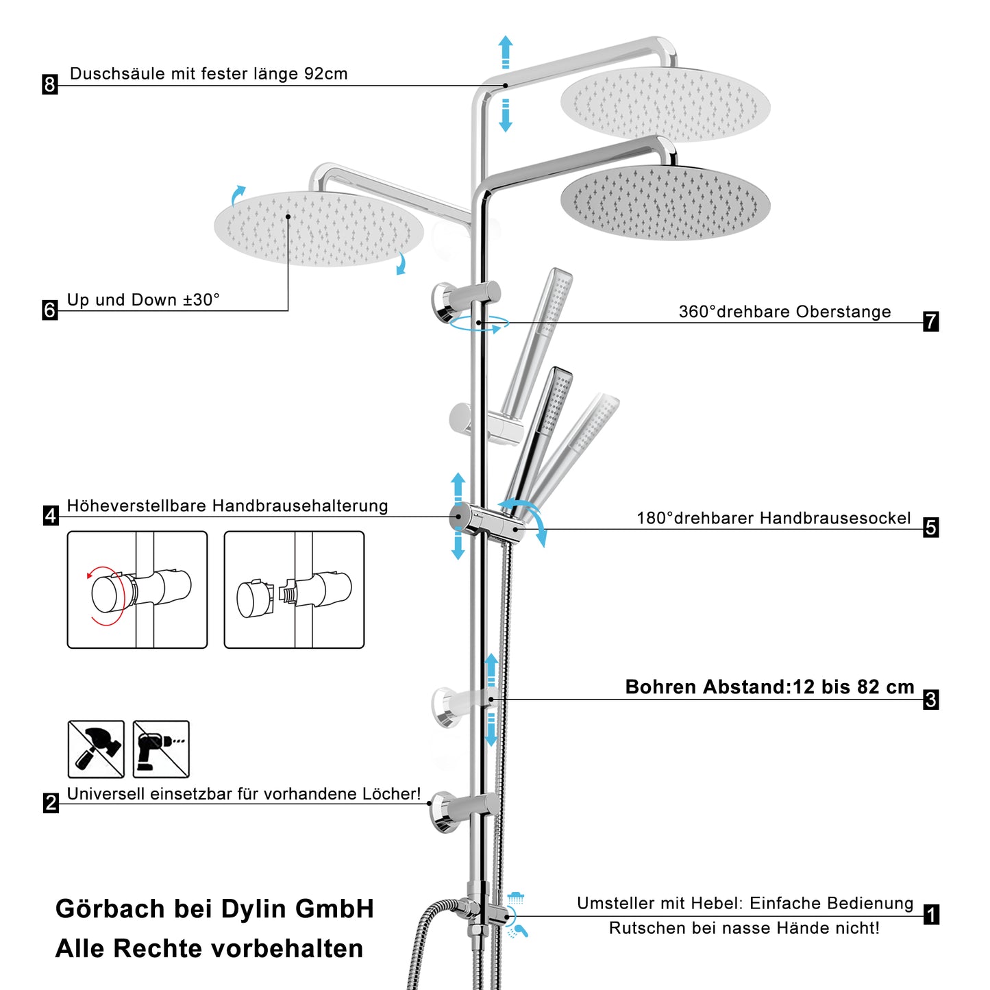 JOHO Edelstahl Duschsystem Duschset Überkopfbrauseset mit 92CM Duschstange Rund
