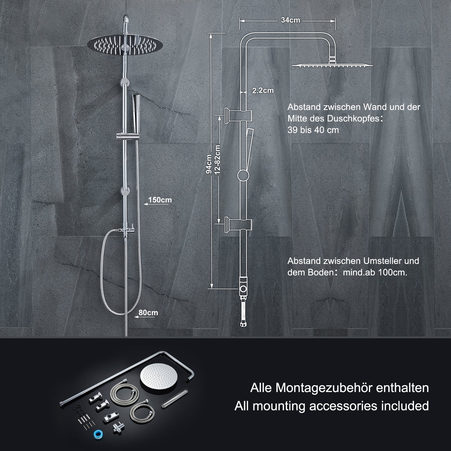 JOHO Edelstahl Duschsystem Duschset Überkopfbrauseset mit 92CM Duschstange Rund