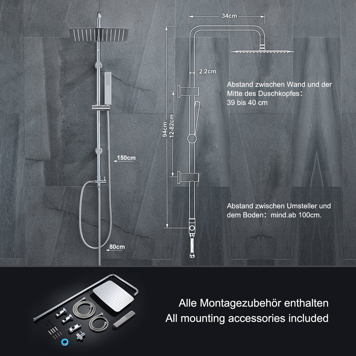 JOHO Edelstahl Duschsystem Duschset mit 92CM Duschstange Kopfbrause Eckig 35x25cm