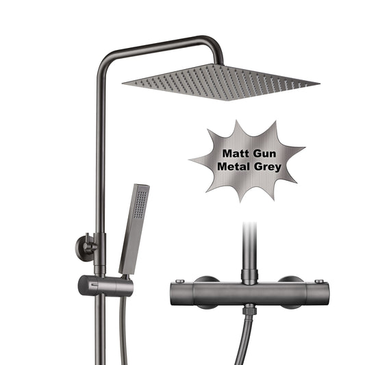 JOHO Regendusche Duschsystem mit Thermostatbatterie, Edelstahl Duschset mit Duscharmatur Komplettset, Kopfbrause Gunmetal Grau