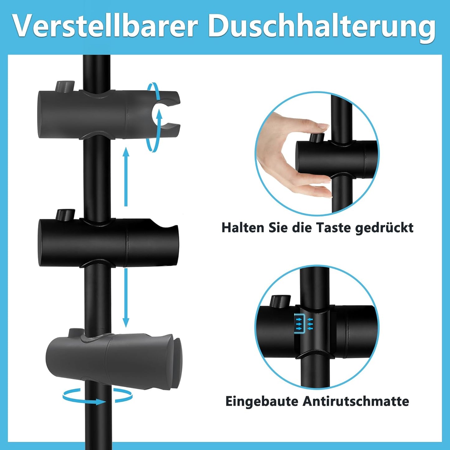 JOHO Edelstahl Duschstange 70cm mit Duschkopfhalterung Matt Schwarz