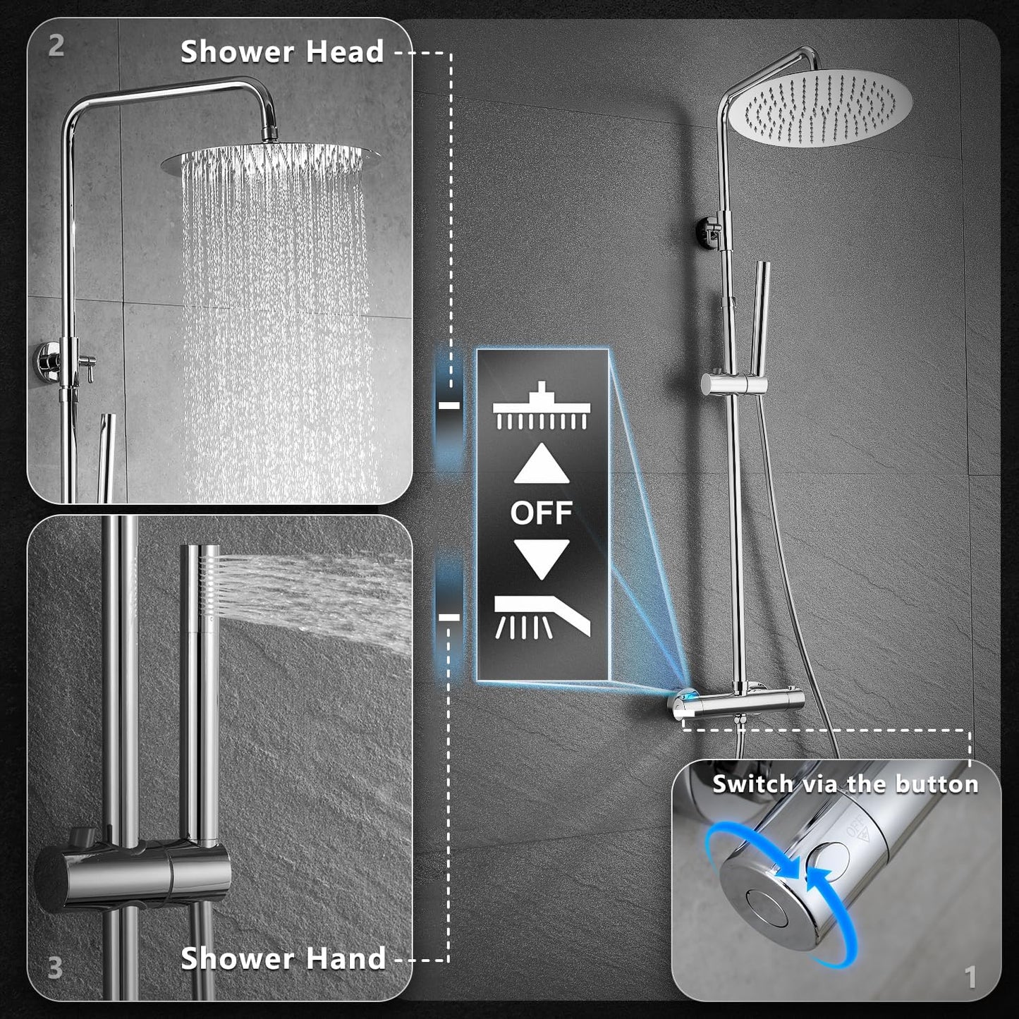 JOHO Regendusche Duschsystem mit Thermostatarmatur, Edelstahl Duschset mit XL Rund Kopfbrause D25cm Chrom