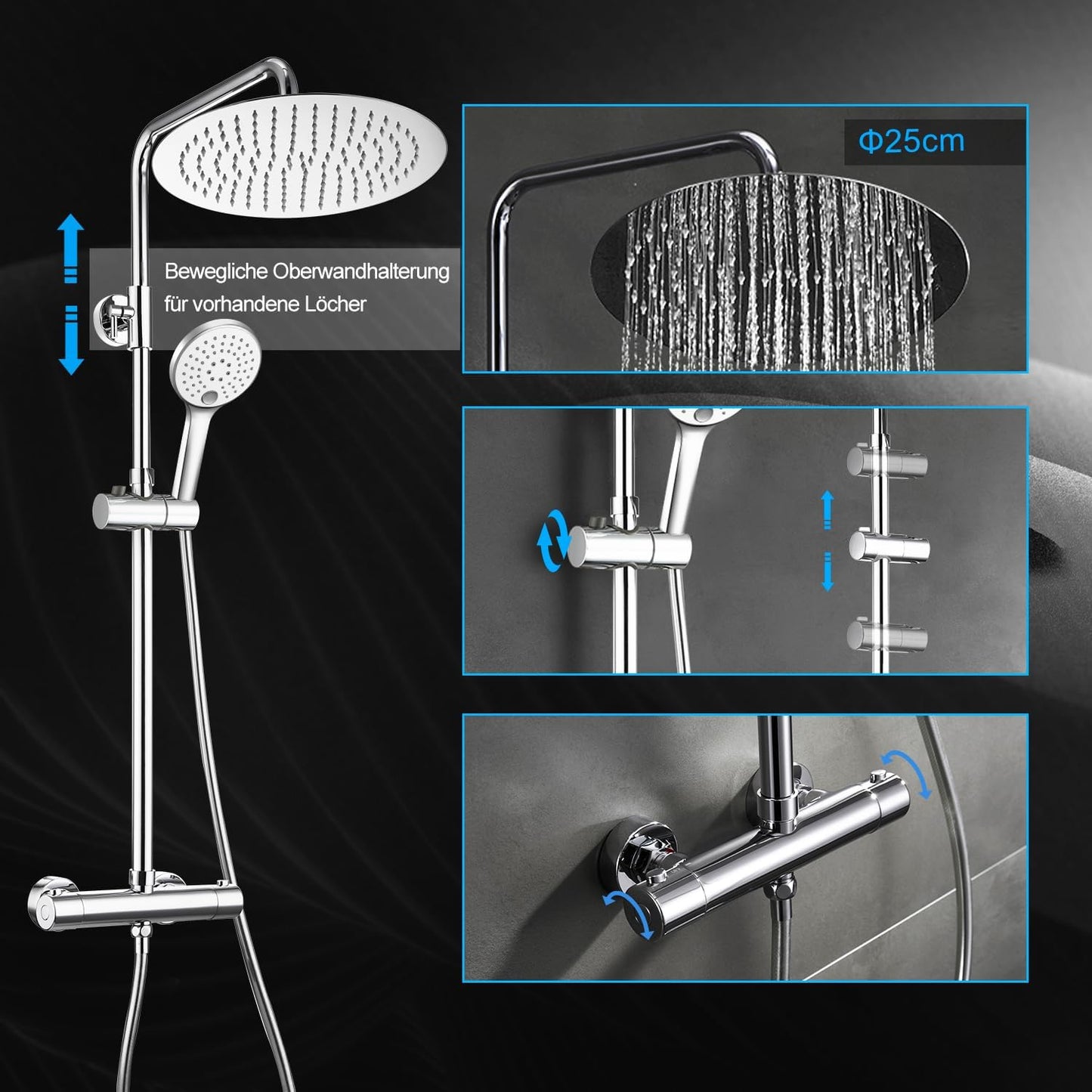 JOHO 304 Edelstahl Duschset mit Thermostat Duscharmatur Regendusche Duschsystem mit Kopfbrause D25cm Chrom