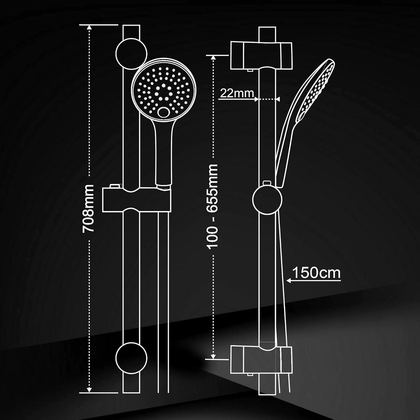 JOHO Schwarz Duschset mit Handbrause 0.7m Duschstange mit Brausehalterung Schlauch