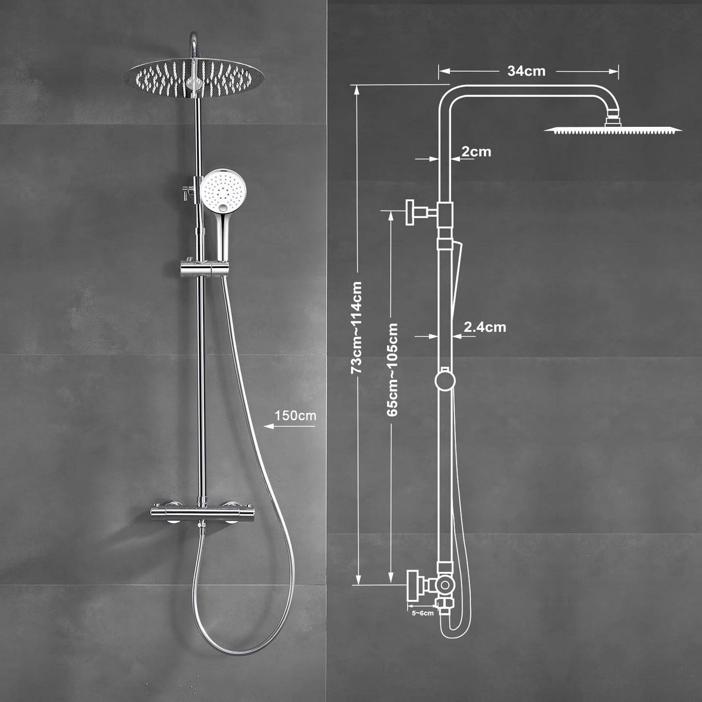 JOHO 304 Edelstahl Duschset mit Thermostat Duscharmatur Regendusche Duschsystem mit Kopfbrause D25cm Chrom