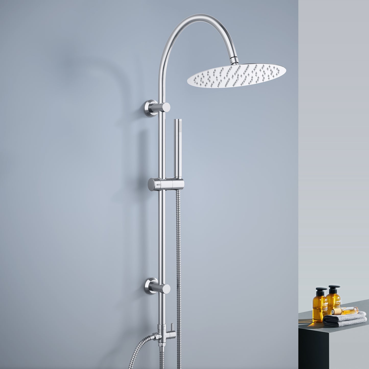 JOHO Regendusche Duschsystem mit Rund Kopfbrause und U Duschstange 92cm  Chrom