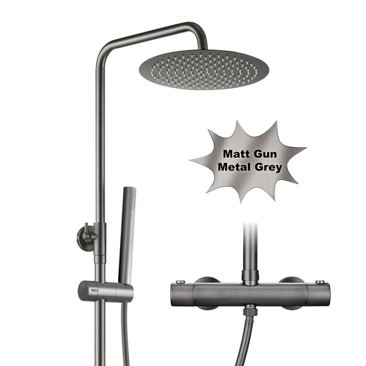 JOHO Regendusche Duschsystem mit Thermostatbatterie, Edelstahl Duschset mit Duscharmatur Komplettset, Rund Kopfbrause Gunmetal Grau