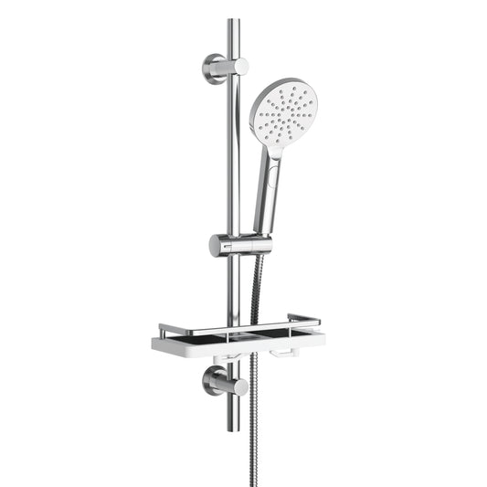 JOHO Duschset Duschstangeset mit Ablage, Rail Shower kit Brausestangeset mit Rund Handbrause Chrom (DSD12CP)