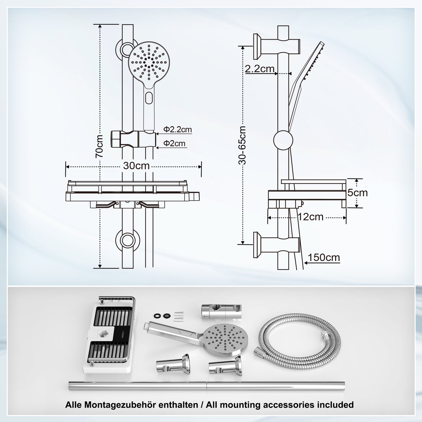 JOHO Duschset Duschstangeset mit Ablage, Rail Shower kit Brausestangeset mit Rund Handbrause Chrom (DSD12CP)