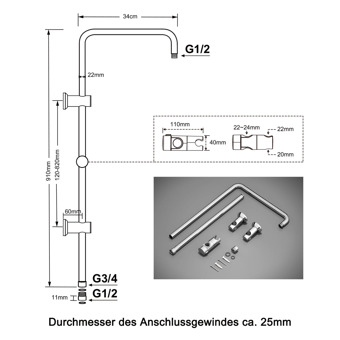 JOHO Edelstahl Duschstange mit Handbrausehalter und Gewindeadapter, Variable Wandbefestigungen Wandstange Duschrohr für Regendusche Brausearm Chrom