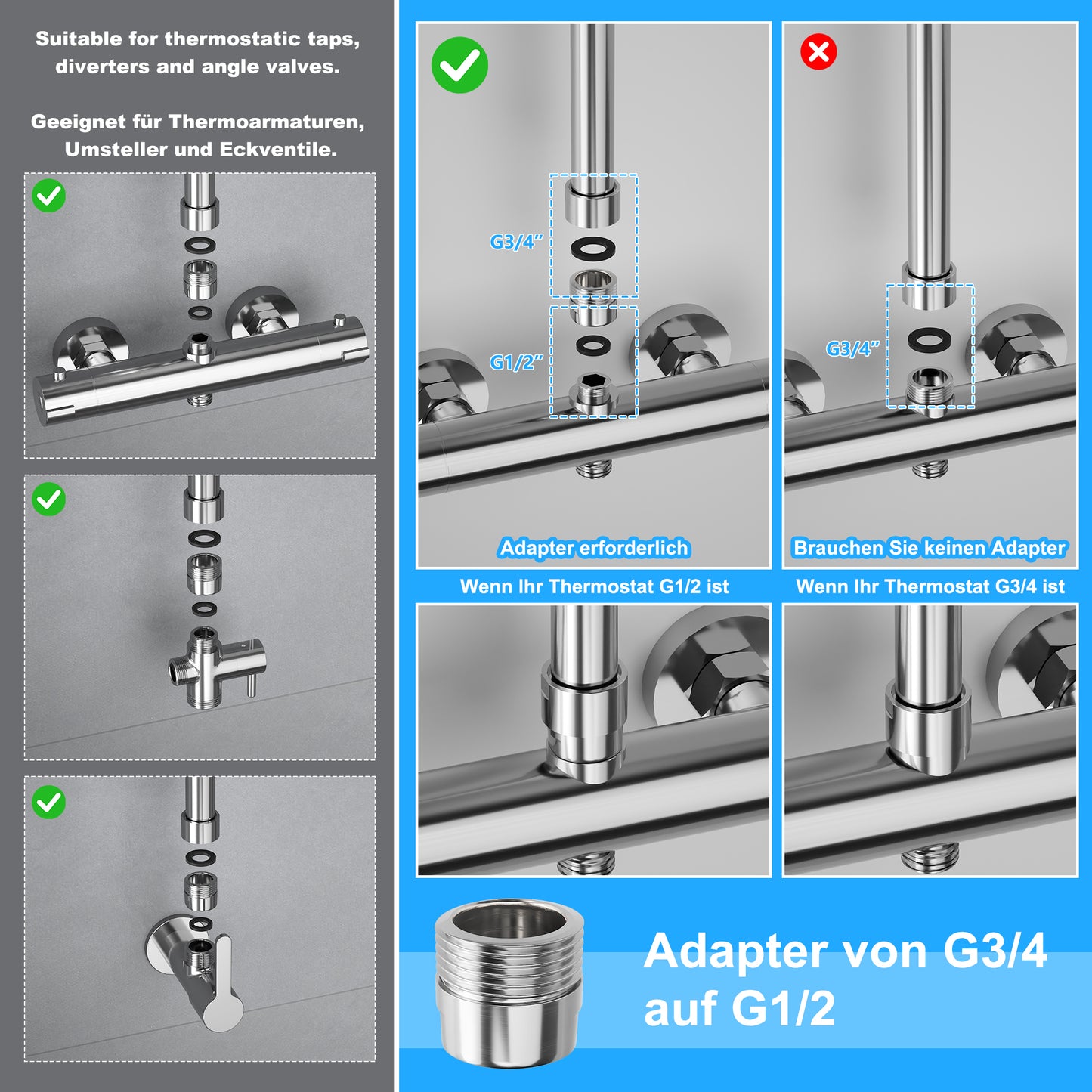 JOHO Edelstahl Duschstange mit Handbrausehalter und Gewindeadapter, Variable Wandbefestigungen Wandstange Duschrohr für Regendusche Brausearm Chrom