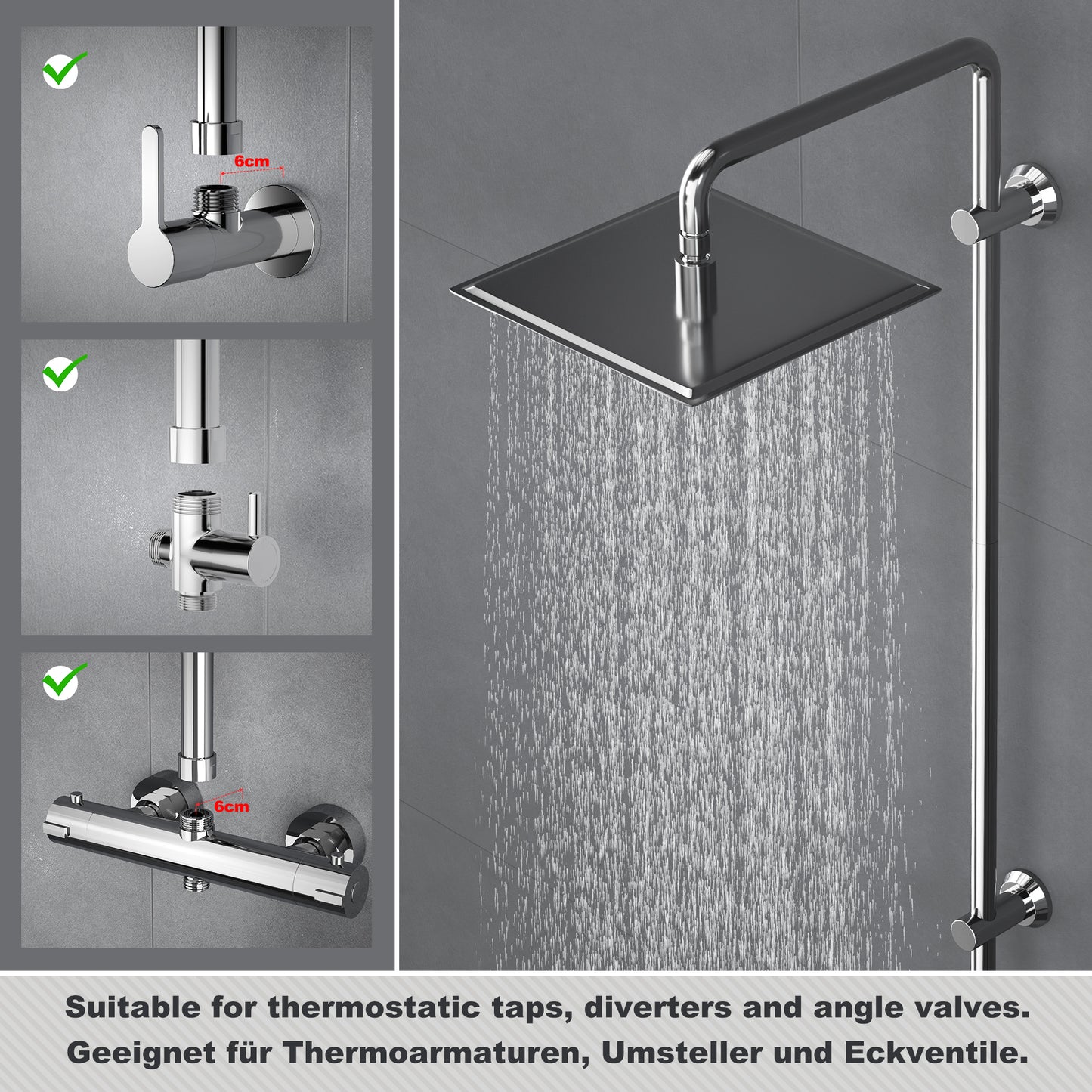 JOHO Edelstahl Duschstange mit Handbrausehalter und Gewindeadapter, Variable Wandbefestigungen Wandstange Duschrohr für Regendusche Brausearm Chrom