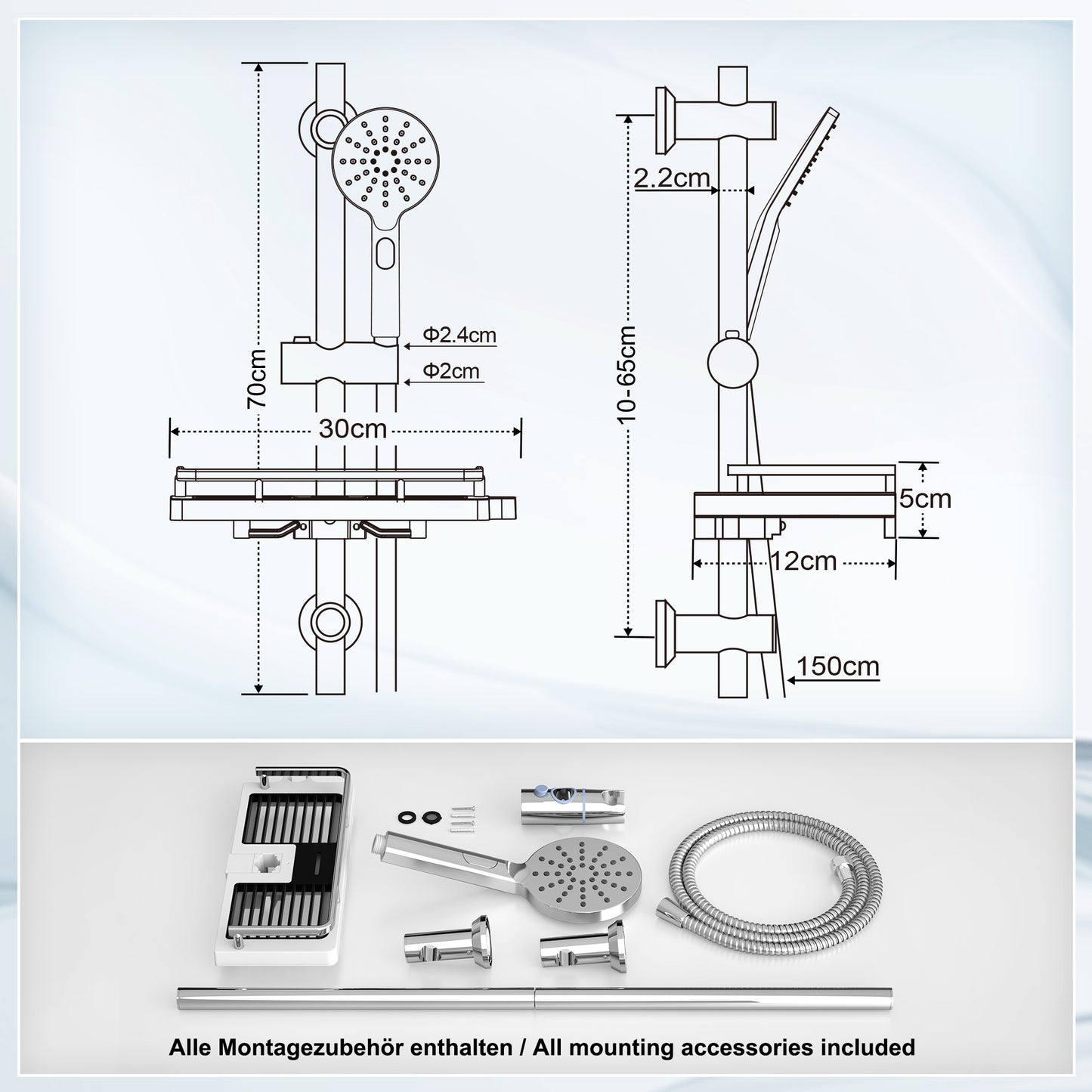JOHO Duschset Duschstangeset mit Ablage, Rail Shower kit mit Rund Handbrause Chrom (DSD12CP)
