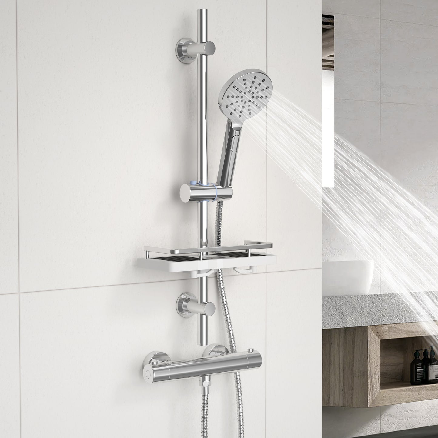 JOHO Duschset Duschstangeset mit Ablage, Rail Shower kit mit Rund Handbrause Chrom (DSD12CP)