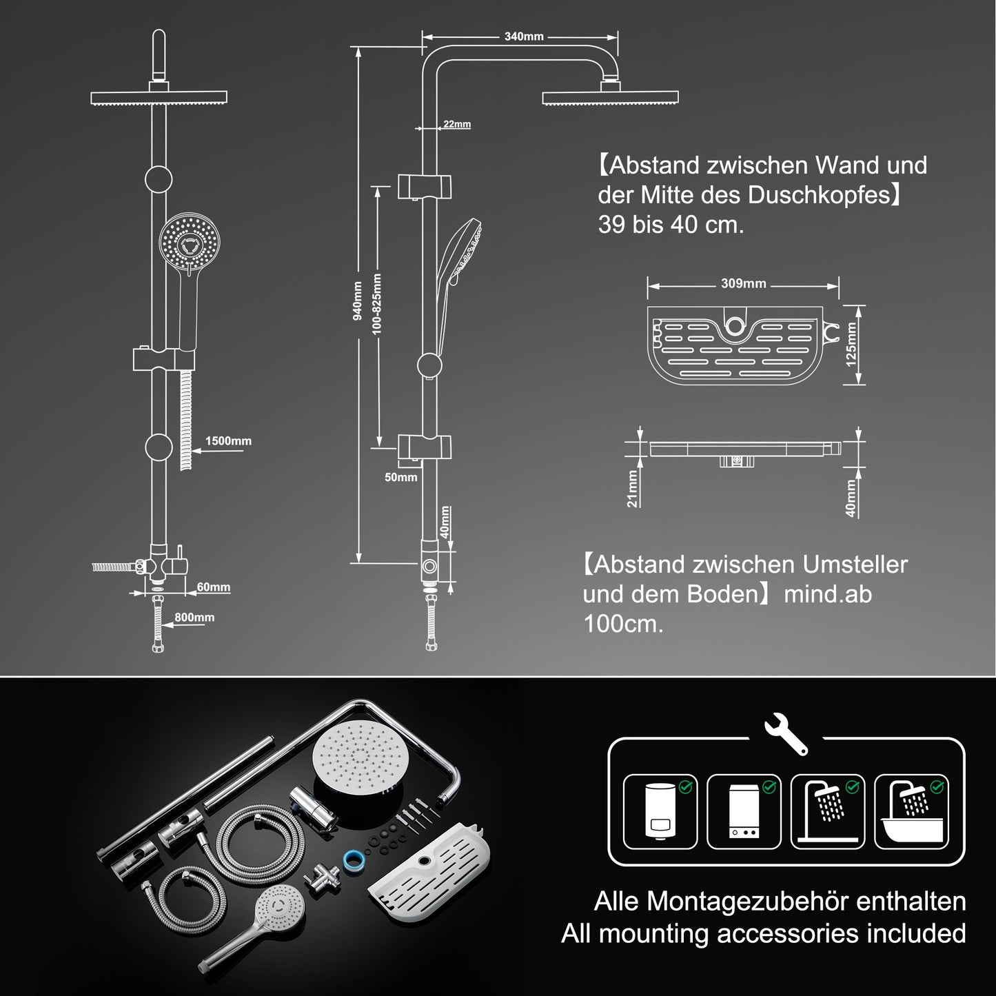 JOHO Regendusche Duschset ohne Armatur mit Ablage Kopfbrause ABSD20cm