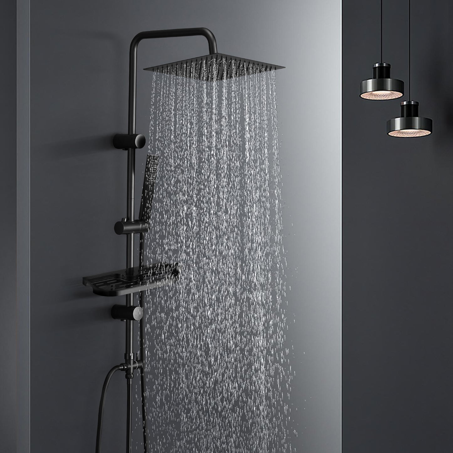 JOHO Regendusche Duschsystem 92 CM mit Ablage Kopfbrause eckig Schwarz